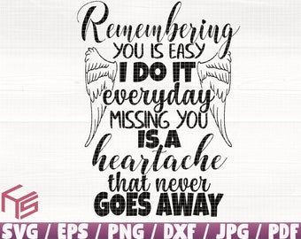 Remembering You Is Easy Svg/Eps/Png/Dxf/Jpg/Pdf, Miss You Svg, Wings Cut, Memorial Quote, Memorial Print, Remember Illustrator, Cute Craft