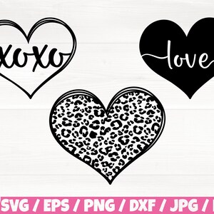 May include: Three black and white heart designs. The first heart has the text "xoxo" inside. The second heart has the text "love" inside. The third heart is filled with a leopard print pattern.