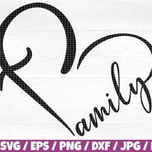 May include: Black and white graphic design of the word "Family" written in a cursive font inside a heart shape.