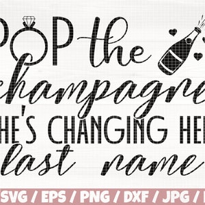Könnte beinhalten: Schwarzweißes Grafikdesign mit dem Text "Pop the champagne she's changing her last name" und einer Zeichnung einer Champagnerflasche mit einem Ring und einem Diamanten.