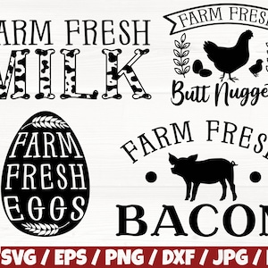 Farm Fresh x4 Svg/Eps/Png/Dxf/Jpg/Pdf, Fresh Bacon Svg, Farm Fresh Eggs Svg, Butt Nuggets Svg, Milchschnitt, Farm Fresh Milk Svg, Bio Spruch