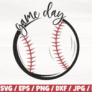 May include: A black and white baseball with red stitching. The text "game day" is written in a black cursive font around the baseball.