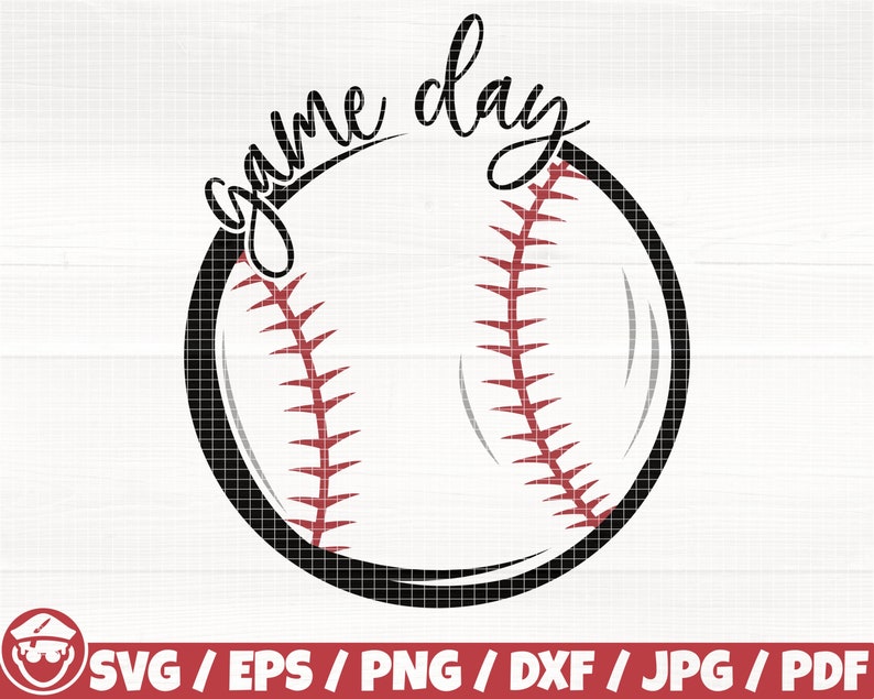 May include: A black and white baseball with red stitching. The text "game day" is written in a black cursive font around the baseball.