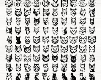 Cute Cat x100 Svg/Eps/Png/Dxf/Jpg/Pdf, Kitten Face Svg, Cat Silhouette, Cat Lover Svg, Cat Cut File, Cat Commercial Use, Cat Vector,Cat Icon