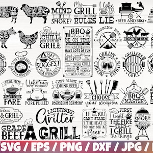 Peut inclure: Une collection de 25 fichiers de découpe SVG en noir et blanc sur le thème du barbecue et de la grillade. Les motifs comprennent des textes tels que "Mind Grill If I Smoke?", "Grill My Rules Lie", "Best Flipping Dad Ever", "Licensed Griller", et "Grade Beef A Grill".