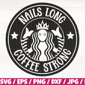 Långa naglar kaffe starka svg/eps/png/dxf/jpg/pdf, naglar vektor, smink svg, salong svg, kaffe logotyp, flicka kaffe starka svg, långa naglar Cricut