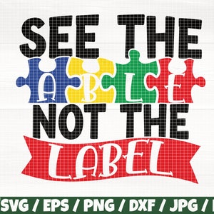Może przedstawiać: Projekt graficzny z tekstem "SEE THE, NOT THE, LABEL" w kolorze czarnym, z elementami układanki w kolorze niebieskim, żółtym, zielonym i czerwonym. Słowo "LABEL" znajduje się na czerwonym banerze. Opcje typu pliku na dole.