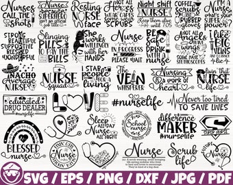 Könnte beinhalten: Eine Sammlung von 25 schwarzen und weißen SVG-Schnittdateien mit humorvollen und inspirierenden Zitaten über Krankenschwestern. Die Zitate beinhalten "Nurse Squad", "The Vein Whisperer", "Educated Drug Dealer", "Blessed Nurse", "Fixin' Cuts Stickin' Stitches", "Never Too Tired To Save Lives", "Difference Maker", "Super Nurse", "Scrub Life" und "Future Nurse".