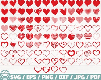 Valentine&#39;s Day Hearts x100 BUNDLE Svg/Eps/Png/Dxf/Jpg/Pdf, Heart Svg, Heart Clipart, Heart Cut, Heart Drawn, Valentine Day Svg, Heart Icons