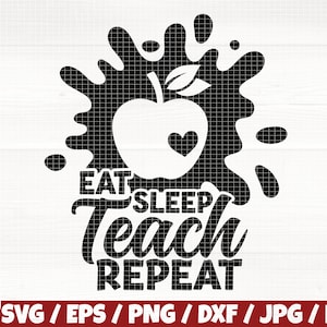 Puede incluir: Diseño gráfico en blanco y negro con una manzana roja, un corazón y el texto "EAT SLEEP Teach REPEAT".