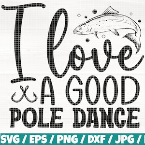 Puede incluir: Diseño gráfico en blanco y negro con el texto "Me encanta un buen baile de poste" y un dibujo de un pez. El texto está en una fuente de escritura a mano.