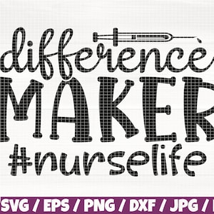 Op de afbeelding: Zwart-wit grafisch ontwerp met de tekst "difference maker #nurselife". De grafiek bevat een gestileerde spuit.