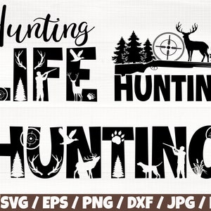 Jagdleben Landschaft x3 Svg/Eps/Png/Dxf/Jpg/Pdf, Hunter Silhouette, Jagdhund Svg, Fliegende Ente Svg, Aim Svg, Gun Cut, Hirsch Png, Geweih Svg