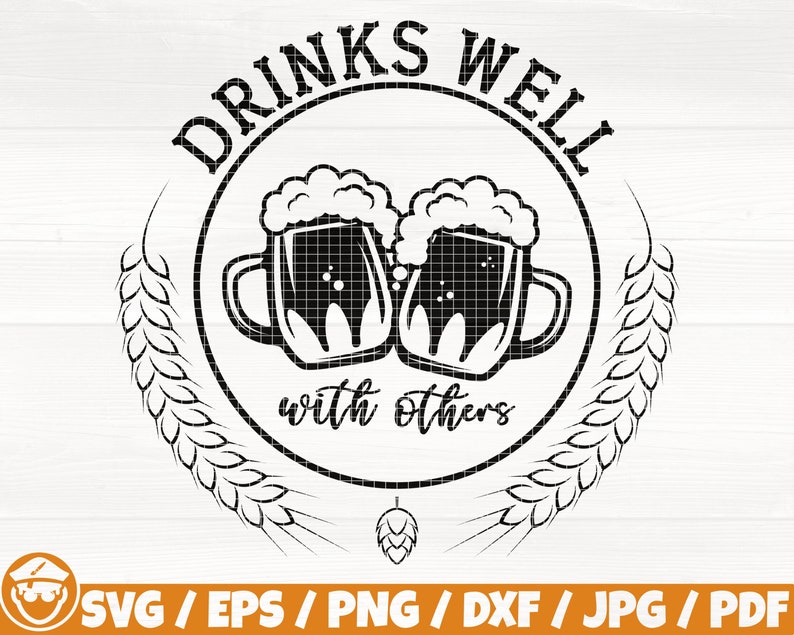 May include: Black and white illustration of two beer mugs with foam on top, inside a circle with the text "DRINKS WELL with others" and wheat stalks on either side.