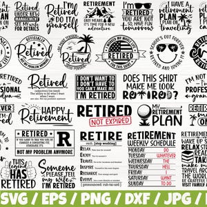 Puede incluir: Una colección de 20 archivos de corte SVG de temática de jubilación en blanco y negro. Los diseños incluyen frases como "Estoy jubilado", "Equipo de jubilación", "Plan de jubilación" y "Feliz jubilación".