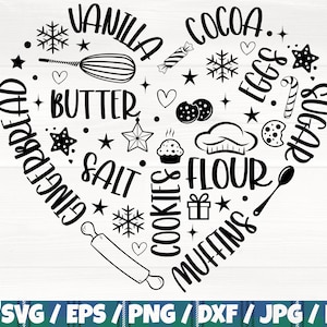 May include: Black and white heart-shaped design with the words "Vanilla", "Cocoa", "Butter", "Salt", "Flour", "Sugar", "Eggs", "Gingerbread", "Cookies", and "Muffins" written around the heart. There are also various small icons such as stars, snowflakes, hearts, and candy canes.
