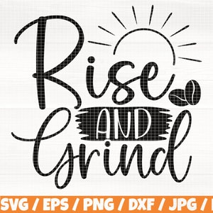Puede incluir: Diseño gráfico en blanco y negro con el texto "Rise and Grind", un sol con rayos y granos de café.