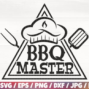 May include: Black and white graphic design of a chef's hat with a flame, a spatula, and a fork. The text "BBQ MASTER" is inside a triangle.