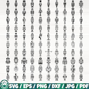 May include: A collection of black and white nutcracker soldier illustrations in various poses. The images are in a vector format, suitable for digital design projects. The bottom of the image includes the file type options: SVG, EPS, PNG, DXF, JPG, and PDF.