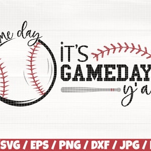 May include: Black and white graphic design with the text "Game day it's Gameday y'all". A baseball with red stitching is on the left side of the design. A baseball bat is on the right side of the design.