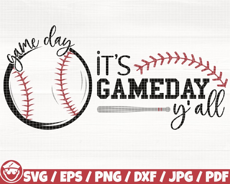 May include: Black and white graphic design with the text "Game day it's Gameday y'all". A baseball with red stitching is on the left side of the design. A baseball bat is on the right side of the design.