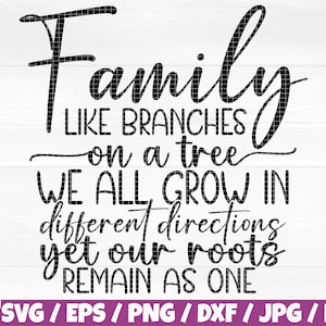 Könnte beinhalten: Schwarz-weißes Text-Grafikdesign mit dem Zitat "Familie wie Äste an einem Baum, wir wachsen alle in verschiedene Richtungen, doch unsere Wurzeln bleiben eins".