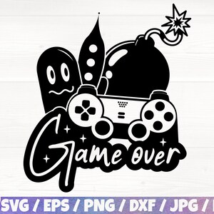 May include: Black and white illustration of a video game controller, a bomb, a ghost, and a plant with the text "Game Over".