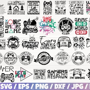 May include: A collection of 25 black and white gamer-themed SVG cut files. The designs feature various phrases and images related to gaming, such as "Gamer", "Game Over", "I Paused My Game to Be Here", "Let's Play", and "Gamers Don't Die They Respawn".