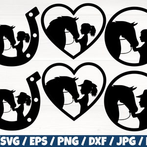 Kussend paard meisje x 6 Svg/Eps/Png/Dxf/Jpg/Pdf, Cowgirl Svg, paard Clipart, paard digitale Print, landpaard meisje, paard commerciële ambacht