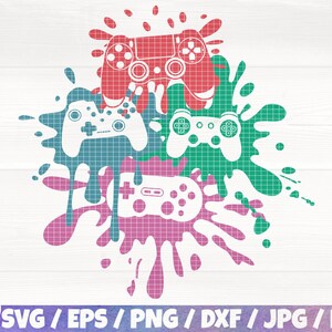 Könnte beinhalten: Ein Design mit drei verschiedenen Videospielcontrollern in verschiedenen Farben, umgeben von bunten Farbspritzern.