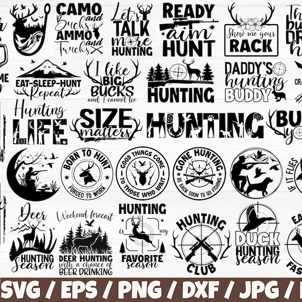 Lot de 30 Svg/Eps/Png/Dxf/Jpg/Pdf, Svg chasseur, Svg chevreuil, Svg chasse au canard, publicité de chasse, bois Cricut, objectif de chasse Svg