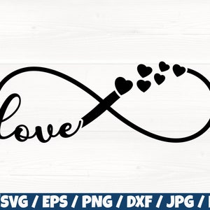 May include: Black and white infinity symbol with the word "love" written inside the left loop.  Small black hearts are scattered around the right loop.