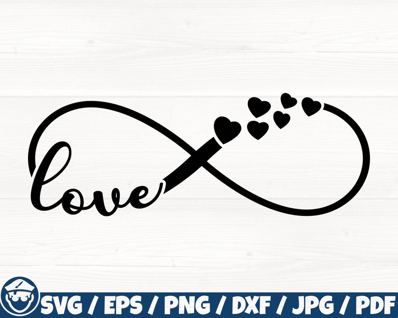 May include: Black and white infinity symbol with the word "love" written inside the left loop.  Small black hearts are scattered around the right loop.