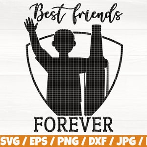 May include: Black and white silhouette of two friends with a beer bottle, inside a shield shape. The text "Best friends forever" is below the image.