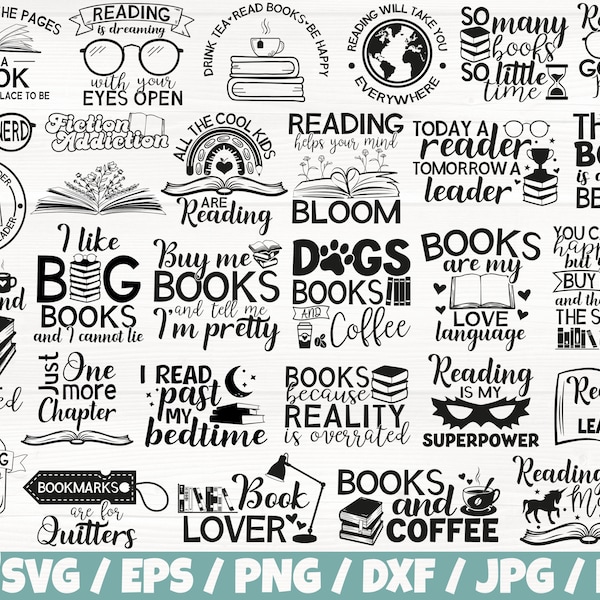 Lecture x30 BUNDLE Svg/Eps/Png/Dxf/JPG/pdf, Lecture de livres Svg, Lecture commerciale, Lecteur Cricut, Book Lover Svg, Back To School Digital Svg