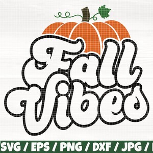 May include: Fall Vibes text with a stylized font in black with an orange pumpkin on top.