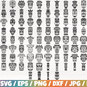 Tiki Mask x100 BUNDLE Svg/Eps/Png/Dxf/Jpg/Pdf, Tiki Head Svg, Tribal Head Silhouette, Luau Svg, Totem Png, Hawaiian Mask Cricut, Tiki Vector
