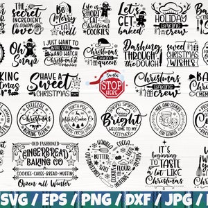 Puede incluir: Una colección de 24 archivos de corte SVG de temática navideña para hornear en blanco y negro. Los diseños presentan varias citas e ilustraciones de repostería navideña, como "Baking Christmas Cheer", "Dashing Through the Dough", "Baking Spirits Bright" y "We Whisk You Merry Christmas".