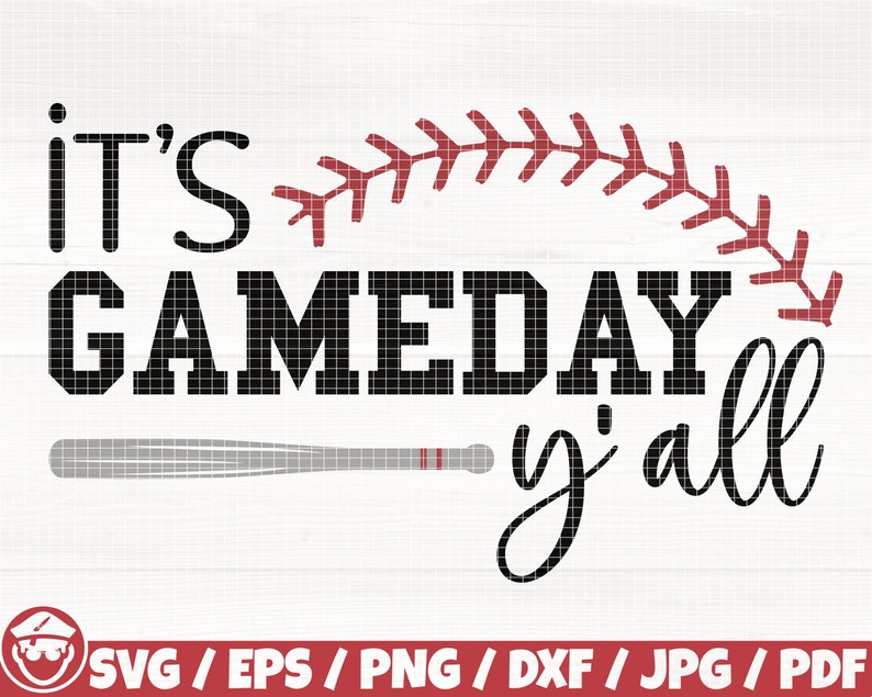 May include: It's Gameday y'all! A black and white baseball themed graphic with a red baseball stitch design and a gray baseball bat.