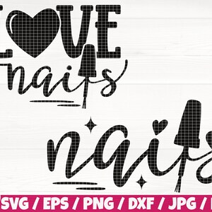 Peut inclure: Conception numérique en noir et blanc avec le texte "LOVE nails" avec un cœur et un flacon de vernis à ongles. Le texte "nails" est répété en dessous avec un flacon de vernis à ongles.
