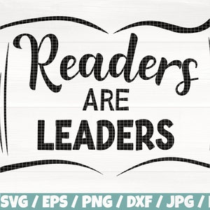 Puede incluir: Diseño gráfico en blanco y negro de un libro abierto con el texto "Readers are Leaders" en su interior.