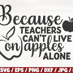 Könnte beinhalten: Schwarzweißes Grafikdesign mit dem Text "Because teachers can't live on apples alone". Die Grafik enthält zwei stilisierte Äpfel.