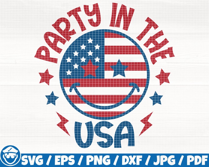 May include: A red, white, and blue American flag in the shape of a smiley face with the text "Party in the USA" around it.