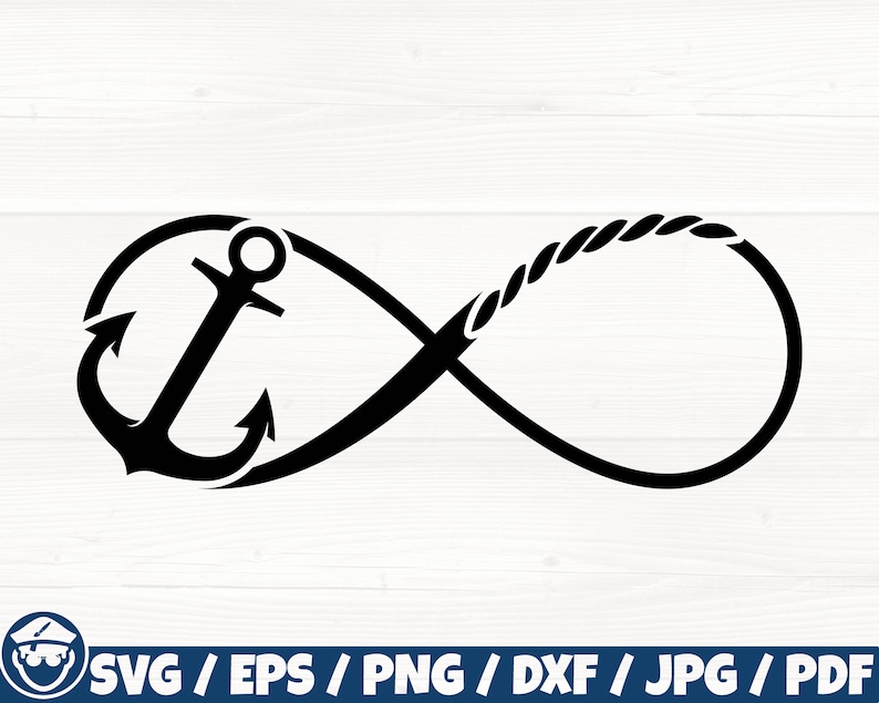 May include: A black infinity symbol with a rope design on the top half and an anchor design on the bottom half.