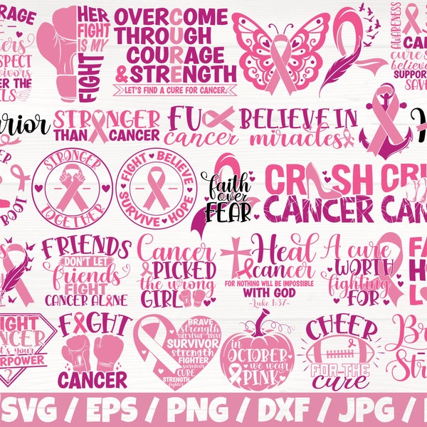 Brustkrebs-Bewusstsein x30 BUNDLE Svg/Eps/Png/Dxf/Jpg/Pdf, Brustkrebs kommerziell, Pink Ribbon Svg, Kampf gegen Krebs Png, Survivor Svg, Faith Cricut