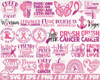 Sensibilisation au cancer lot de 30 Svg/Eps/Png/Dxf/Jpg/Pdf, publicité sur le cancer du sein, ruban rose Svg, Png de lutte contre le cancer, survivante Svg, Faith Cricut