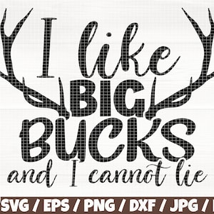 May include: Black and white graphic design with a pair of antlers and the text "I like BIG BUCKS and I cannot lie".