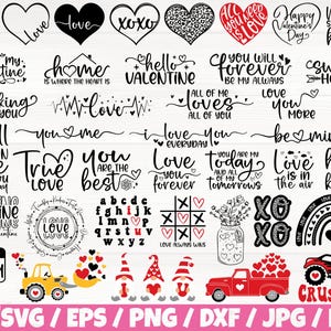 May include: A collection of 30 Valentine's Day themed SVG cut files featuring various designs, including hearts, text, and illustrations. The designs include phrases like "Love you more", "Be mine", "True love", and "Love is in the air".