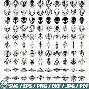 May include: A collection of black and white alien-themed designs. The image features various alien head silhouettes, humanoid figures, and flying saucer illustrations. The designs are suitable for digital art projects and crafts.