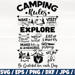 Règles de camping Svg / Eps / Png / Dxf / Jpg / Pdf, Explorer Svg, Souvenirs Svg, Détente Svg, Coupe reconnaissante, Nap Jpg, Cricut de pêche, Visite Svg, Clip d’amis